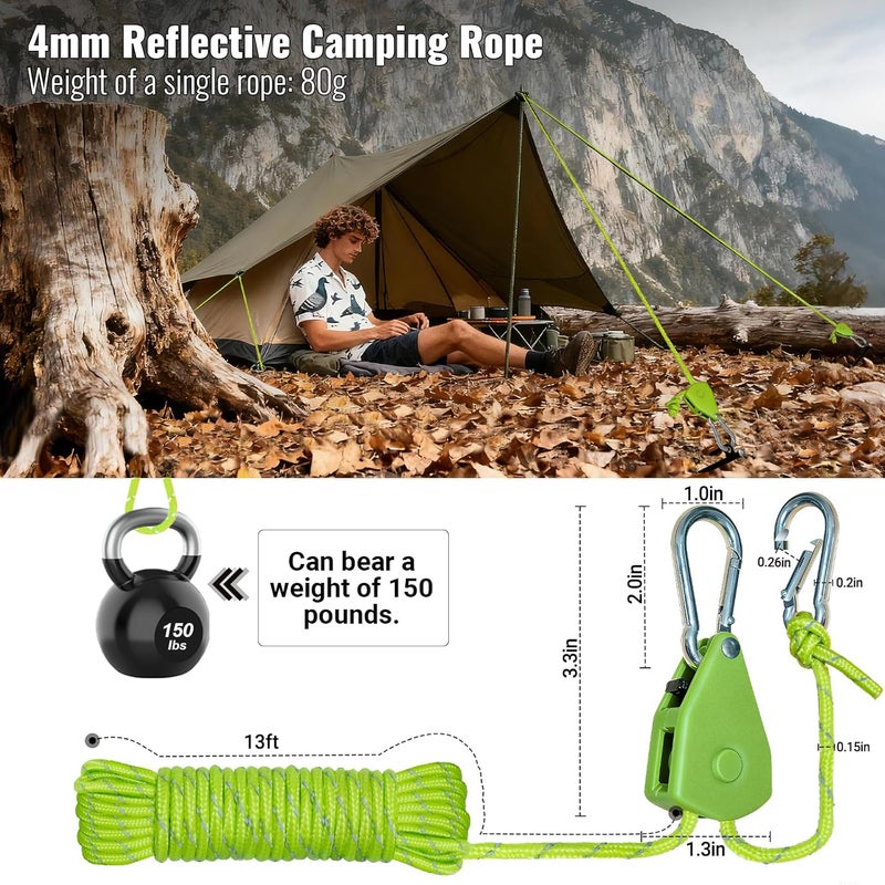 SOHIDAS Camping Rope Reflective Tent Rope Guyline with Ratchet Pulley, Tarp Tie Down Ropes for Tent Tarp, Canopy Shelter, Camping, 13ft Adjustable Guy Line for Canopy Tent 6 Pack Guy Lines Tents Cords - Image 2